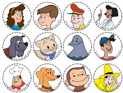 Printable characters to use as table confetti, pinata stuffing, or taped onto toothpicks as cupcake toppers. From http://www.pbs.org/parents/birthday-parties/curious-george-birthday-party/decorations/ Curious George Characters, Curious George Printables, Curious George Cupcakes, Curious George Coloring Pages, Curious George Birthday Party, Curious George Party, Curious George Birthday, Ideas Cumpleaños, Second Birthday Ideas