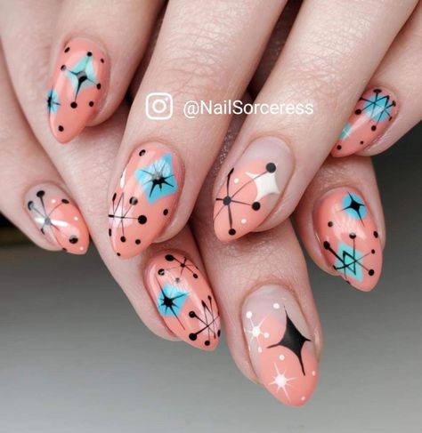 1960 Nails Design, Atomic Nail Art, Mcm Nails Design, Vegas Pedicure Ideas, Mid Century Modern Nail Art, Vegas Nail Ideas, Palm Springs Nails, Vintage Nails Design Retro, Vegas Nails