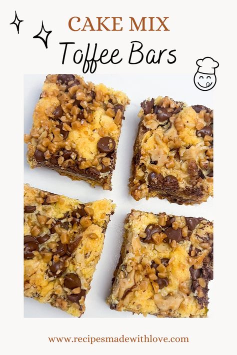 Craving something sweet? These Cake Mix Toffee Bars are the answer! Simple to make with a cake mix base, they’re packed with gooey toffee bits and buttery goodness. Perfect for bake sales, potlucks, or satisfying your sweet tooth! Cake Mix Toffee Bars Condensed Milk, Cake Mix Toffee Bars, Bake Sale Bars, Cake Mix Bars, Toffee Cake, Toffee Bars, Recipes With Few Ingredients, Spice Cake Mix, Vegetarian Cake