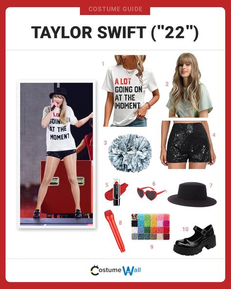 Taylor Swift (”22”) Costume 22 Music Video, Red Microphone, Dress Like Taylor Swift, Microphone Prop, Lipstick Heart, Batman Dress, Cheerleading Pom Poms, Taylor Swift Costume, Got Costumes