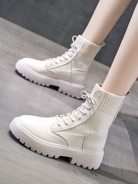 Beige Fashionable    Plain Sock Boots    Women Shoes Timberland Boots Women Outfit, Shoes Sneakers High Tops, Timberland Boots Women, Sock Boots, Girly Shoes, Boots Women Fashion, Chunky Platform, Cute Simple Outfits, Boots Women