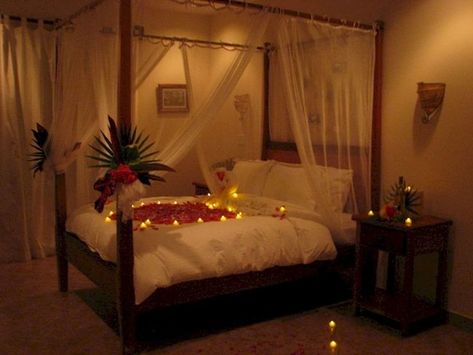 Romantic Valentine Bedroom Decoration Ideas: Easy Ways (2023) Valentine Bedroom, Valentine Bedroom Decor, Bed Canopy With Lights, Honeymoon Bedroom, Bedroom Decor Romantic, Wedding Night Room Decorations, Glamour Living Room, Valentines Bedroom, Night Room