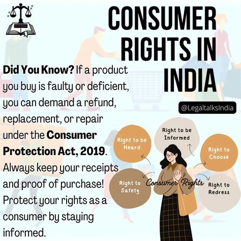 "🛍️ Know Your Consumer Rights 🛍️ As a consumer, you’re protected by the Consumer Protection Act, 2019! Here are your key rights: ✔️ Right to Safety – Be protected from harmful products. ✔️ Right to Information – Get full details on quality, price, and more. ✔️ Right to Choose – Freedom to select from various products. ✔️ Right to Redressal – Seek compensation or a refund for faulty goods. ✔️ Right to Be Heard – Raise complaints and be taken seriously. Always ask for bills and warranties to ... Consumer Rights, Right To Choose, Consumer Protection, Knowing You, Did You Know, Acting, Repair, Key, Quick Saves