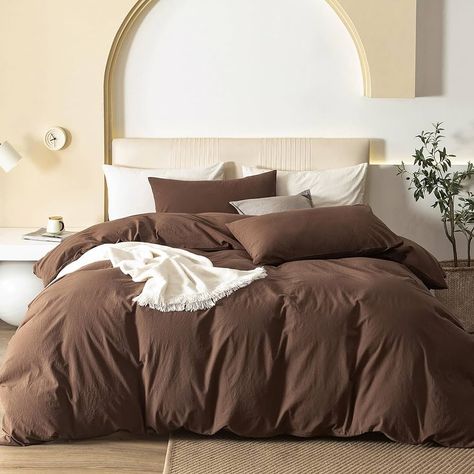 Amazon.com: JIYUAN 100% Washed Cotton Duvet Cover Set Comfy Simple Style Soft Breathable Textured Durable Linen Feel Bedding for All Seasons Queen, Solid Chocolate Brown : Home & Kitchen Navy And Brown Bedding, Fall Color Bedding, Brown Bed Sheets Aesthetic, Brown Sheets Bedroom, Brown Bedding Aesthetic, Brown Comforter Bedroom, Dark Brown Bedding, Brown Room Aesthetic, Chocolate Brown Bedding