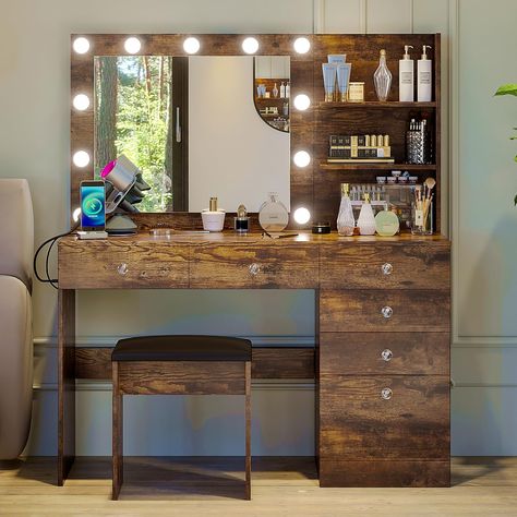 PRICES MAY VARY. [Elegant and Beautiful] Elevate any bedroom with the elegant and modern style of this vanity. The glossy finish and delicate crystal ball knobs add a touch of sophistication to the design, making it a great gift for your wife, girlfriend, mom, daughter, or friend. [Bright and Adjustable Lighting] This vanity desk comes with 11 built-in LED lights, offering 3 color temperature modes and adjustable brightness for professional-quality adjustable lighting during your daily makeup ro Western Vanity, Built In Bathroom Vanity, Desk With Stool, Western Room Ideas, Vanity With Lights, Makeup Vanity Desk, Western Bedroom Decor, Western Rooms, Elegant Vanity