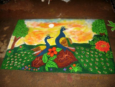 rangoli design nature Nature Rangoli, Cartoon Rangoli, Cartoons Rangoli Design, Cartoons Rangoli, Rangoli Designs For Competition, Indian Rangoli Designs, Poster Rangoli, Peacock Rangoli, Rangoli Designs Latest