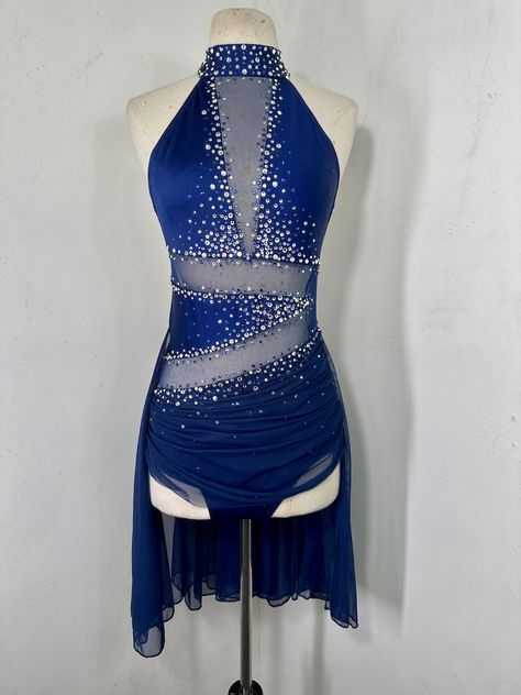 Navy Lyrical Dance Costume Navycustom Dance Costume Dance - Etsy Rhinestone Lyrical Costume, One Shoulder Dance Costumes, Glamour Dance Costumes, Blue Dance Costumes Contemporary, Royal Blue Lyrical Dance Costumes, Bedazzled Dance Costumes, Dance Comp Costumes, Dark Blue Lyrical Costume, Blue Jazz Costume