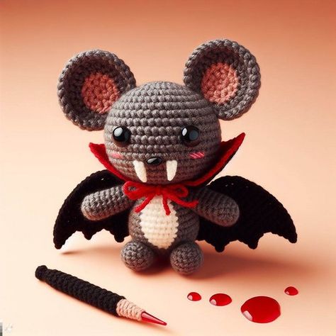 Crochet Vampire, Mouse Amigurumi, Mouse Crochet, Pattern Step By Step, Fall Crochet, Vampire Teeth, Bat Pattern, Vampire Bat, Unique Toys