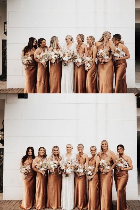 Neutral Rust Bridesmaid Dresses, Dusty Rust Bridesmaid Dresses, Rust Champagne Bridesmaid Dresses, Bridesmaid Dresses Copper Bronze, Satin Bridesmaid Dresses Rust, Rust And Champagne Wedding Colors, Caramel Bridesmaids Dress, 2022 Bridesmaid Dress Trends, Rust Bridesmaid Dress With Flowers