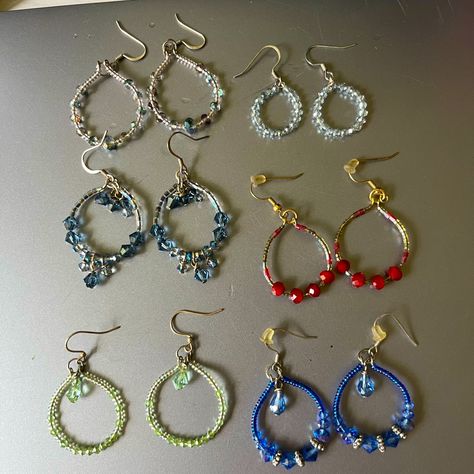 Brand New, Handmade Lot Of 6 Beaded Hoop Earrings. Sizes Vary, Some Hold Toned And Some Silver Toned. Comes From Smoke Free Home. Beading Hoop Earrings, Simple Bead Earrings, Beaded Hoop Earring, Diy Earrings Materials, Homemade Earrings, Handmade Jewelry Tutorials, Jewelry Beaded, Homemade Jewelry, Hand Crafted Jewelry