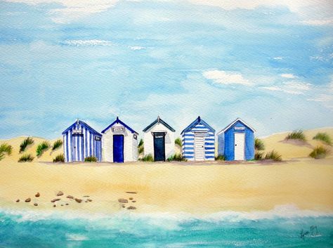 Hut Painting, Beach Huts Art, English Seaside, Seaside Paintings, Beach Artist, Seaside Art, Beach Huts, Seaside Beach, Beach Watercolor