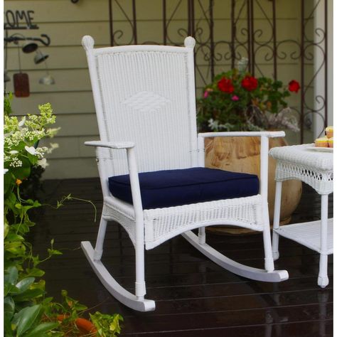 Classic Rocking Chair, White Rocking Chairs, Outdoor Wicker Rocking Chairs, Metal Rocking Chair, Navy Blue Cushions, Wicker Rocking Chair, Coastal White, Wicker Decor, Outdoor Rocking Chairs