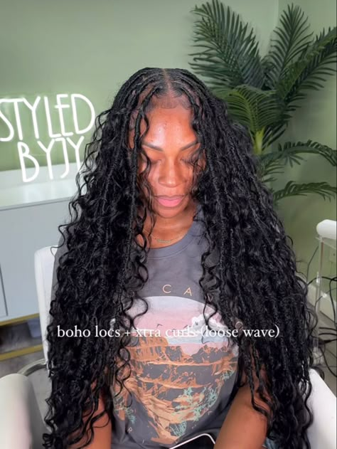 Faux Locs Boho Style, Boho Goddess Locs With Curls, Soft Locs With Bohemian Curls, Boho Butterfly Locs With Curls, Infinity Locs With Curls, Locs With Loose Hair, Faux Locs With Curly Hair, Boho Locs With Human Hair, Distressed Locs With Curls