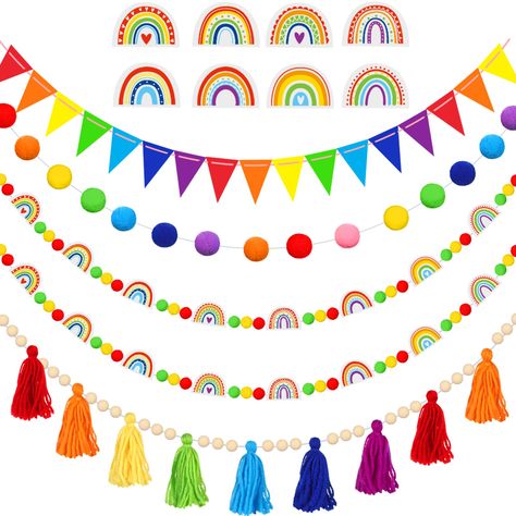 Pom Pom Garland Michaels Stores, Kids Art Garland, Rainbow Theme Decorations, Living Room Decor Classic, Pastel Garland, Rainbow Tassel Garland, Classroom Ceiling, Watercolor Classroom, Streamer Decorations