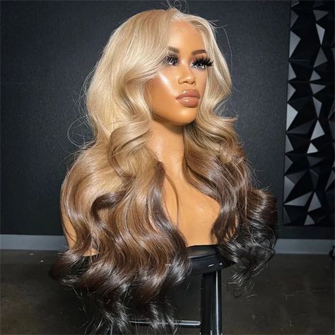 OmBre Blonde Highlight Lace Wigs For Women Synthetic Lace Front Wigs 13X4 Body Wave Pre Plucked Frontal Wig Body Wave, Brown To Blonde Ombre, Grey Blonde, Side Bangs Hairstyles, Blonde Highlight, Dyed Hair Inspiration, Ombre Blonde, Women's Wigs, Colored Wigs