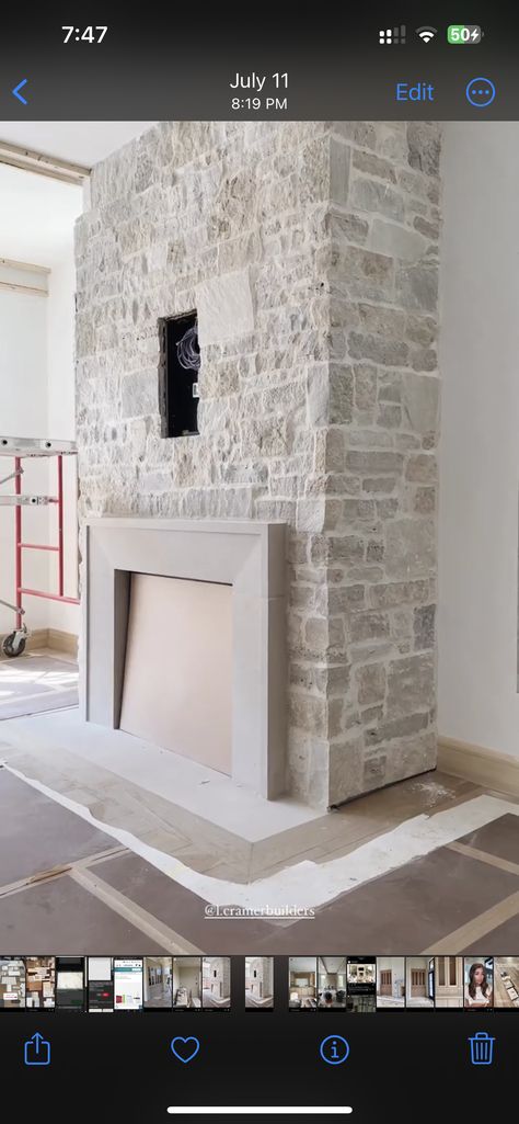 Fireplace With Natural Stone, Curved Stone Fireplace, Overgrouted Stone Fireplace Farmhouse, Stone Fireplace With Gas Insert, Modern Stacked Stone Fireplace, Modern Rustic Fireplace Stone, Pietra Cardosa Countertop, Faux Rock Fireplace Farmhouse, Fireplace Natural Stone