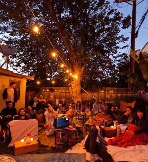 An Outdoor Movie Party | Kitchn Outdoor Movie Party, Outside Movie, Backyard Movie Party, Fall Bonfire, Movie In The Park, Party Backyard, Halloween Movie Night, Backyard Movie Nights, Backyard Movie