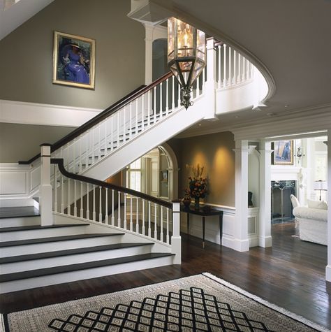 Sanford Custom Builders | Custom Home Builders in Wellesley Hills, MA | Boston Design Guide Foyer House, Stairs Curved, Staircase Foyer, Entryway Stairs, Foyer Staircase, Traditional Staircase, Villa Plan, House Stairs, Grand Entrance