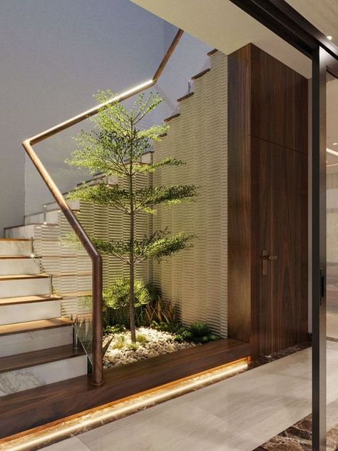 تحت الدرج, Indoor Courtyard, Staircase Interior Design, Staircase Design Modern, Interior Design Videos, Inside Garden, Office Interior Design Modern, Stair Railing Design, Courtyard Design