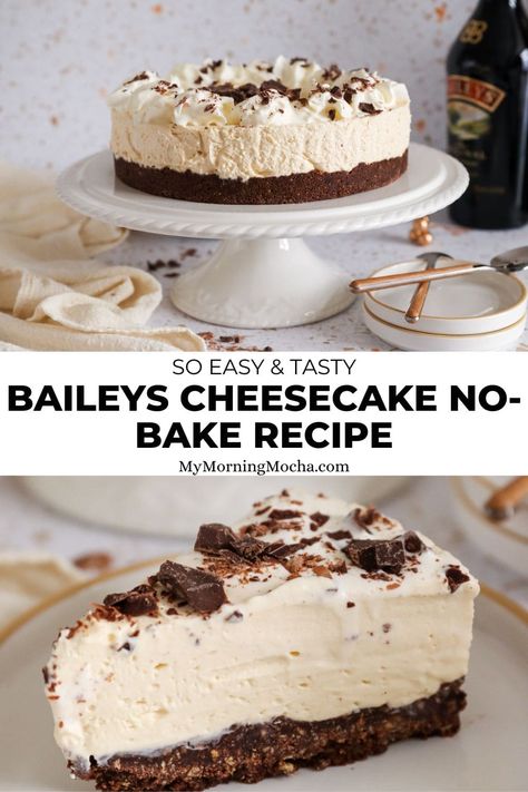 Here's+how+to+make+my+no-bake+Baileys+cheesecake+that's+creamy,+smooth+and+irresistible.+This+recipe+tastes+so+good+and+it's+easy+to+make.+via+@MyMorningMocha Baileys Pie No Bake, Baileys Cheesecake No Bake, Bailey Cheesecake Recipe, Baileys Mini Cheesecakes, No Bake Mocha Cheesecake, Bailey Dessert Recipes, Baileys Dessert Recipes Easy, Baileys Pie, Baileys Dessert Recipes