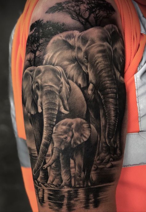 Small Elephant Tattoos, Realistic Elephant Tattoo, Family Sleeve Tattoo, African Sleeve Tattoo, Elephant Thigh Tattoo, Elephant Family Tattoo, Elephant Tattoo Meaning, Africa Tattoos, Animal Sleeve Tattoo