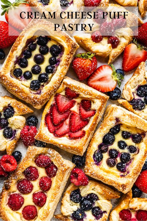 Strawberry Puff Pastry, Pies And Tacos, Cream Cheese Puffs, Puff Pastry Recipes Dessert, Cream Cheese Puff Pastry, Cream Cheese Pastry, Puff Pastry Filling, Cheese Puff, Puff Pastry Desserts