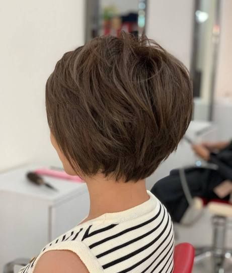 Neck-Length Rounded Layered Pixie Side Views Of Short Haircuts, Thick Short Hair Cuts, Long Pixie Haircut, Long Pixie Cut, Pixie Haircut Ideas, Stacked Haircuts, Longer Pixie Haircut, Long Pixie Hairstyles, Short Hair Pixie Cuts