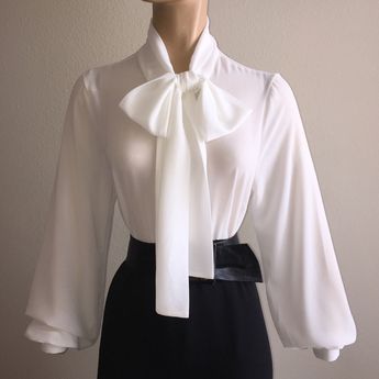 White Chiffon Tops, Fancy Shirt, Women Chiffon Blouse, Sheer White Blouse, Bow Tie Blouse, Bow Shirts, High Neck Top, Bow Blouse, Elegant Blouses