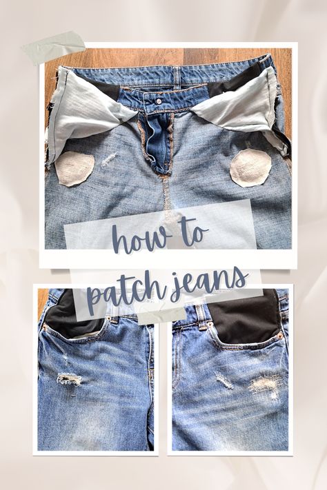 Learn to patch holes in jeans using scrap fabric and your sewing machine. No special supplies are needed. Essential skill for beginners who want to have a more sustainable lifestyle. How To Sew A Patch On Jeans, How To Patch Holes In Jeans, Patch Holes In Jeans, Patching Holes In Jeans, Mend Holes, Holes In Jeans, How To Patch Jeans, Ripped Jeans Look, Holy Jeans