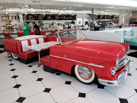 These photos feature a variety of 1950s furniture from Booths, Tables, Chairs, and even a Jukebox. But what really stands out at this diner is the 1953 Ford Sunliner Auto Booth from Heffrons.com  Sunliner Diner, Ford Sunliner, classic cars Diner Aesthetic, 1950s Diner, 1950s Furniture, 50s Diner, Vintage Diner, Car Part Furniture, Automotive Furniture, Couches For Sale, Car Furniture