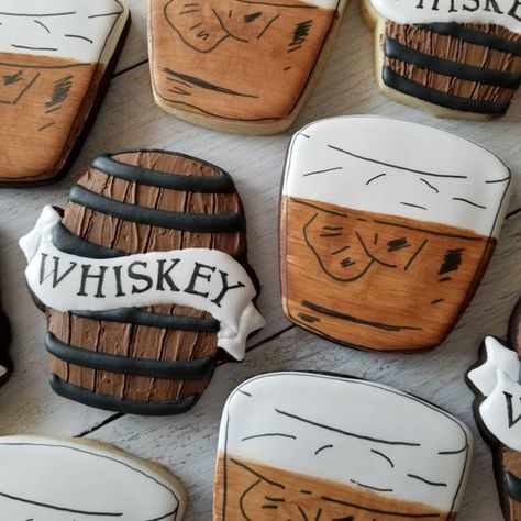 40th Bday Themes For Men, Liquor Cookies, Whiskey Birthday Cake, Aged To Perfection Party Theme, Male Birthday Party Ideas, Whiskey Theme Party, Bourbon Birthday, Whiskey Cookies, Bourbon Party