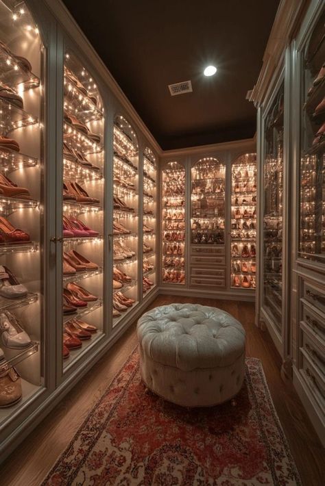 Heels Collection Closet, Closet Glass Doors, Shoe Storage Walk In Closet, Heel Closet, Luxurious Walk In Closet, Walk In Closet Ideas, Organize Shoes, Glass Shoe, Shoe Room