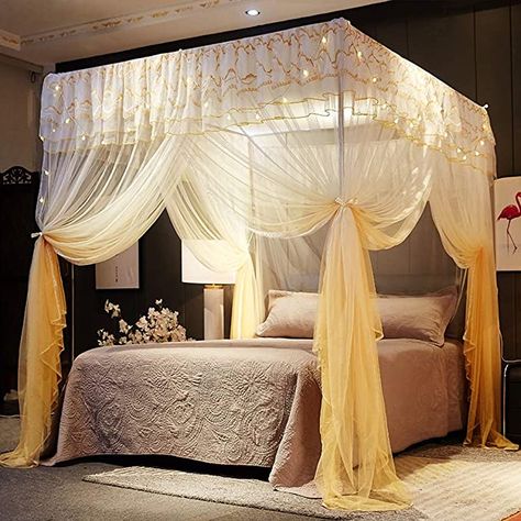 Amazon.com: Mengersi 4 Corner Poster Princess Bed Curtain Canopy Canopies for Girls Boys Adults Bed Gift Bedroom Decoration Accessories (Queen, Gold): Kitchen & Dining Bed No Frame, Goth Bedroom Decor, Curtain Canopy, Princess Bedroom Decor, Princess Canopy Bed, Princess Canopy, Canopy Bed Curtains, Bed In Corner, Canopy Curtains