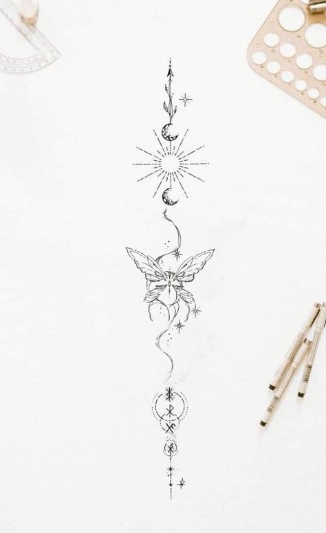 Crystal Spine Tattoo, Lower Back And Spine Tattoos, Witchy Spine Tattoos For Women, Dark Feminine Spine Tattoos, Whimsical Spine Tattoo, Ethereal Spine Tattoos, Spine Tattoos For Women Cybersigilism, Spine Tattoos With Butterflies, Earthy Back Tattoos