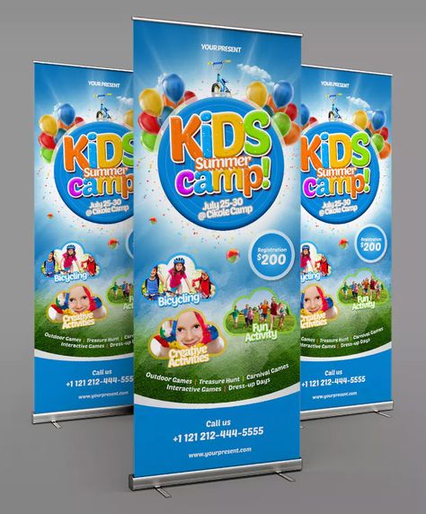 Kids Summer Camp, Rollup Banner Design, Rollup Banner, Roll Up Banner, Trifold Brochure Design, Summer Camps For Kids, Kids Adventure, Banner Template Design, Flyer Design Templates