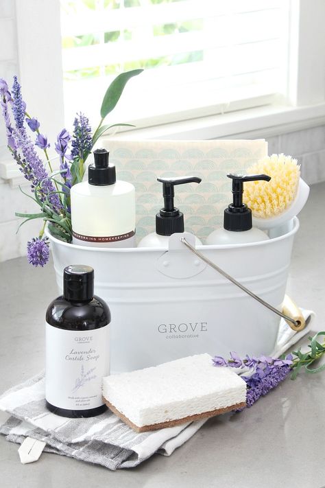 Farmhouse Organization Ideas, Meyers Cleaning Products, Monochromatic Interior Design, Cleaning Caddy, Grove Collaborative, Cleaning Supplies Organization, Design Seeds, Simple Life Hacks, Natural Home Decor