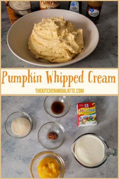 Pumpkin whipped cream is an easy recipe and is an amazing fall dessert topping. It is the perfect combination of classic whipped cream along with pumpkin and pumpkin pie spice. It goes great on many desserts and even tastes great on top of your coffee! #fallrecipes #pumpkinrecipes #pumpkinwhippedcream #whippedcream Homemade Pumpkin Whipped Cream, Pumpkin Cream Filling, Pumpkin Spice Whipped Cream, Pumpkin Spread Recipe, Whipping Cream Recipe, Whipped Icing Recipes, Pumpkin Whipped Cream, Cream Filling Recipe, Whipped Pumpkin