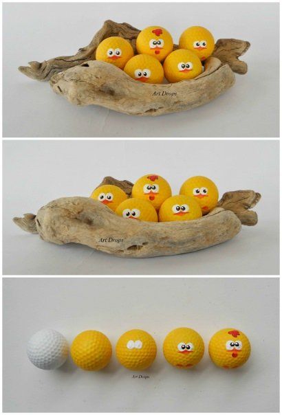 Cute Little Chicks from Upcycled Golf Balls Golf Crafts, Golf Birthday Gifts, Golf Ball Displays, Golf Ball Gift, Ball Display, Golf Ball Crafts, Ladybug Crafts, Diy Ostern, Easter Decorations Outdoor