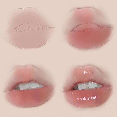 Soft Lips Drawing, How To Color Lips Digital, How To Render Lips, How To Color Digital, Mouths Drawing, Lips Digital Art, Storybook Cosmetics, Lips Painting, Bangs Short Hair