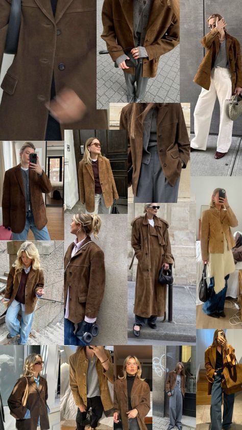 Fall Trend 2024 : Brown Suede Jackets 🤎 #fall #autumn #fashion #trend #cphstyle #göteborg #gothenburgstyle #matildadjerf #scandistyle #brownsuede #suedejacket #trend2024 #fall2024 Denmark Fall Fashion, Suede Jacket Fall Outfit, Suede Fashion 2024, Fall Suede Jacket Outfit, Brown Double Faced Jacket Outfit, Brown Corduroy Vest Outfit, Brown Suede Leather Jacket Outfit, Suede Outfit 2024, Suede Trend 2024