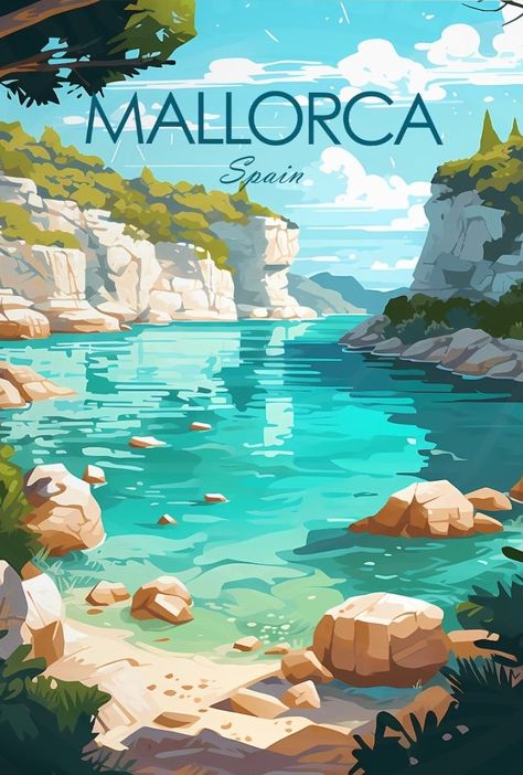 Travel Poster Graphic Design, Places Posters Aesthetic, Mallorca Aesthetic, Europe Postcard, Greece Poster Vintage, Vintage Destination Posters, Mallorca Vintage Poster, Spain Vintage Poster, France Travel Poster