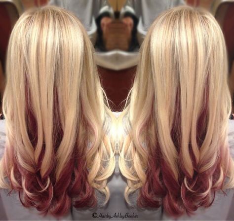 🐙 Some red/violet long blonde hair #hairstylist IG: www.instagram.com/prettypleasehairandbeauty 👋🏼 Red And Blonde Peekaboo Hair, Blonde To Red Ombre Hair, Blonde Hair Red Tips, Blonde With Burgundy Underneath, Dark Red And Blonde Hair, Dark Red And Blonde Hair Color, Red Hair Underneath, Blonde Hair With Red Highlights, Blonde Hair With Red Tips