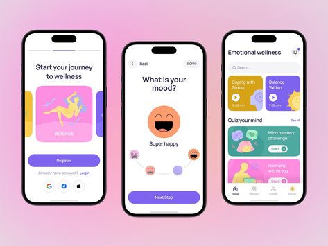 Healthcare, Mental Health mobile app by Valtorian 🇺🇦 for Valtorian | No-code development on Dribbble Mobile App Layout Design, Mobile Web Design Layout, Health Mobile App, Social Media App Ui, Food App Design, App Mobile Design, Mobile Layout, Health App Design, Wellness App