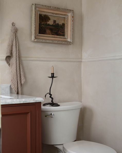 Lone Fox Bathroom, Plaster Walls Bathroom, Bathroom Architectural Digest, Plaster Bathroom, Tiny Bathroom Makeover, Bathroom Wall Coverings, Bathroom French, Taupe Bathroom, Condo Inspiration