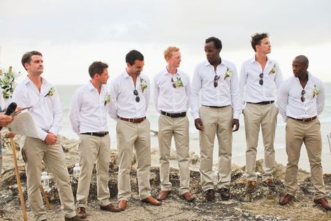 White Shirt Tan Pants Men Wedding, Tan Pants Groomsmen, Groomsmen Attire Khaki Pants, Groomsmen Chinos, Groomsmen Attire Beach Wedding, Casual Groomsmen, Beach Groom, Hibiscus Wedding, Guys Outfits