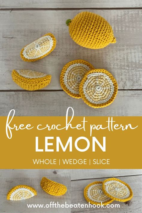 The perfect mix between realistic and adorable, these crochet lemon pieces will be the perfect addition to your little one's play food collection or your crochet fruit and vegetable centerpiece! The pattern includes the method for crocheting the lemon in 3 different conditions - whole, wedge and sliced. The pattern is quick and easy - perfect for beginners or seasoned crocheters alike! Get the free pattern here! Easy Crochet Vegetables, Knit Play Food, Fruit Slice Crochet, Crochet Fruit Slices Free Pattern, Crochet Lemons Free Pattern, Small Food Crochet Pattern, Amigurumi Lemon Free Pattern, Crochet Lemon Slice Free Pattern, Fruit Bag Crochet Free Pattern