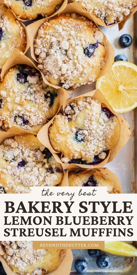 These soft and fluffy Bakery Style Lemon Blueberry Streusel Muffins have a ton of big fat blueberries in them, the perfect amount of lemon zest and flavor, and a sweet and crumbly streusel topping to bring it all together! The best is having them still warm from the oven with a little butter—SO GOOD. Full recipe on BeyondtheButter.com #lemonblueberrymuffins #muffins #streuselmuffins Blueberry Lemon Muffins, Blueberry Streusel Muffins, Blueberry Streusel, Streusel Muffins, Simple Muffin Recipe, Muffin Streusel, Lemon Blueberry Muffins, Recipes Thanksgiving, Blueberry Desserts