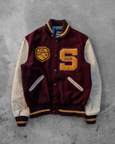 Blind Date on Instagram: “1980s “CSL V-Champs” Burgundy Varsity Jacket Now available on blindate.co. Link in bio to purchase.” Senior Varsity Jacket, Letterman Jacket Ideas, Ideas Upd, Collage Jacket, Promo 2022, Dark Academia Goth, Senior Jackets, Varsity Jacket Outfit, Shoes Tie