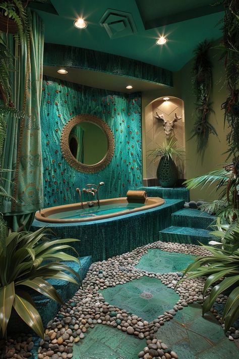 29 Mermaid Bathroom Ideas for a Magical Undersea Retreat 10 Island Room Decor, Turquoise Bathroom Ideas, Mermaid Bathroom Ideas, Tropical Bathroom Ideas, Hawaiian Room, Peacock Bathroom, Mermaid House, Peacock Bedroom, Tropical Lagoon