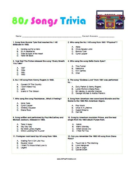 Free Printable 80s Songs Trivia. Free Printable 80s Songs Trivia Quiz that you can share with your friends at a birthday or 80s themed party to have fun and remember the top songs from the 80s. Try to answer this trivia about the 80s Top Songs where you can find you favorite new wave bands, rock bands, top billboard hits, 80s Trivia Printable, 80s Trivia Questions, 40th Birthday Quiz, 80s Party Printables, 80s Trivia With Answers, Music Quiz Questions And Answers, 1983 Trivia, Family Jeopardy, 80s Theme Wedding